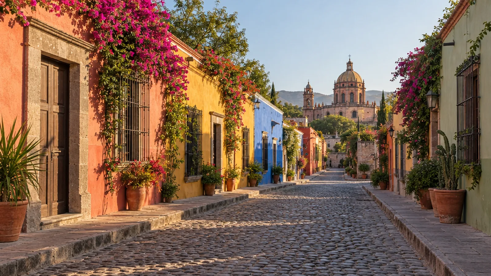 Brightly painted colonial houses with wooden doors and bougainvillea along a sunlit cobblestone street in a Mexican city