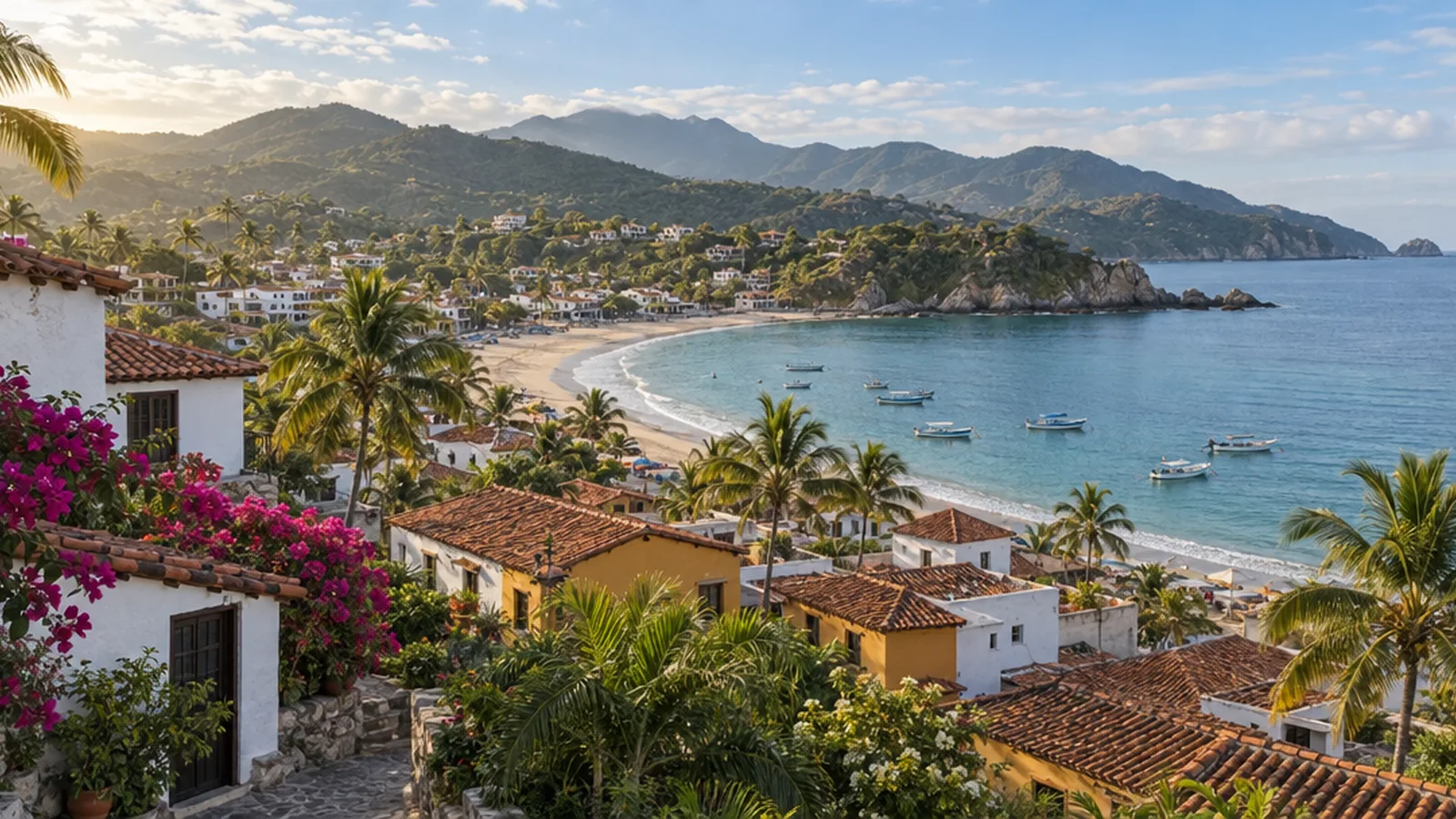 Terracotta rooftops and pastel houses stepping down a hillside to a calm turquoise bay in a Mexican coastal town in the early morning